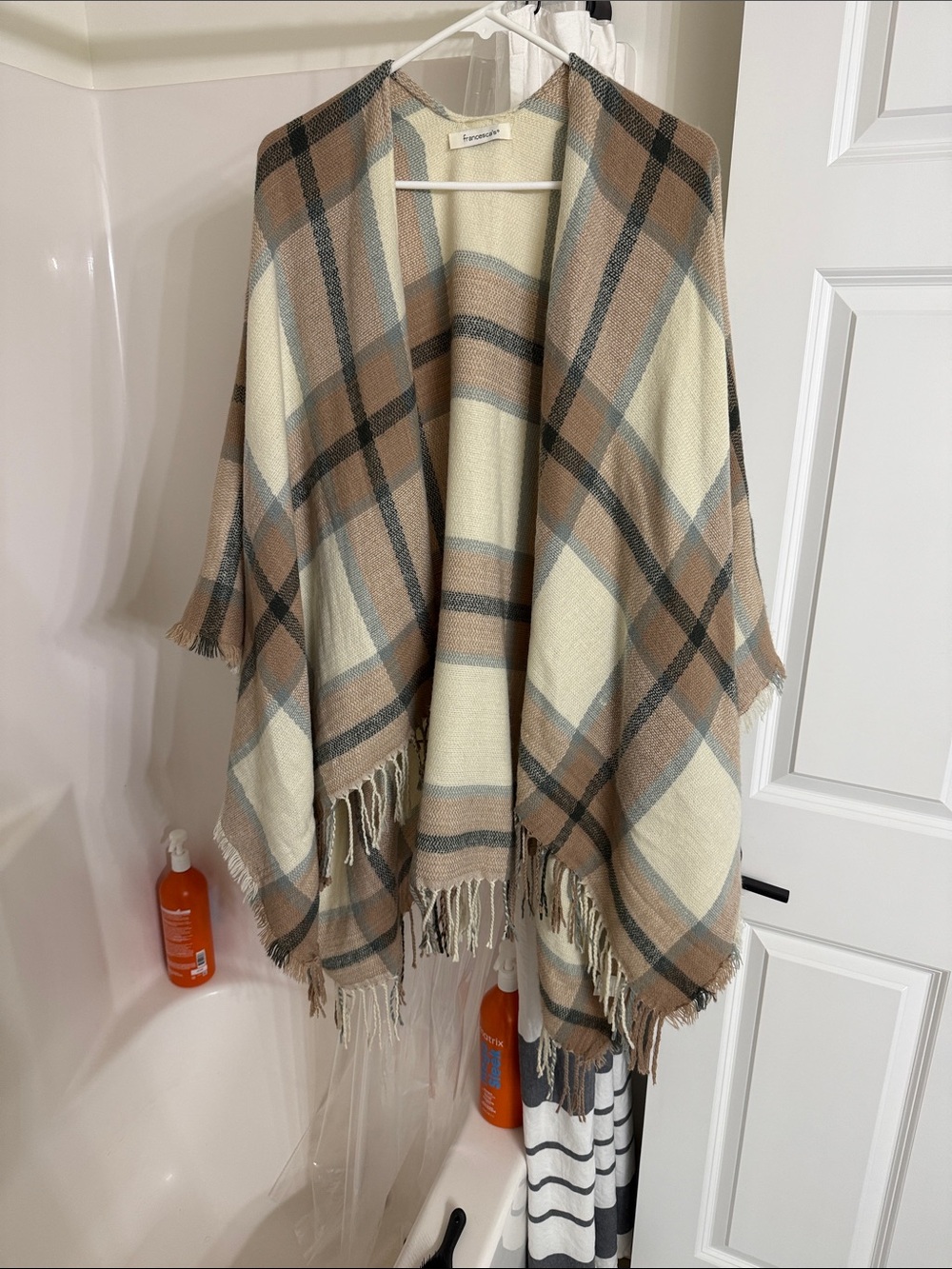 Francesca's Plaid Open Front Cardigan in Cream, Tan and Gray Blue